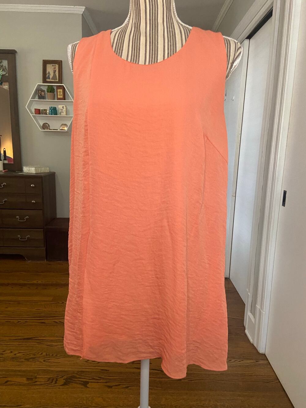 Melissa Paige coral tunic length chiffon overlay sleeveless blouse